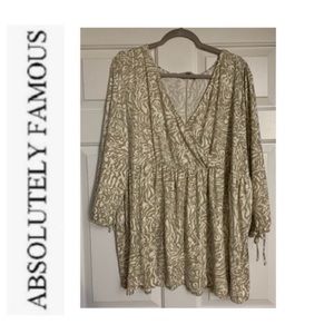 💛 ABSOLUTELY FAMOUS Light Brown White Abstract Smock Style V-neck Top NWT 2X